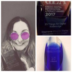 Collage: image of Charlie smiling and holding the award: Close of of Award engraving "Credo Digital Literacy Award 2017, 23 Things for Digital Knowledge, Stephanie (Charlie) Farley": shot of the award, a tall lilac coloured, glass curved object.