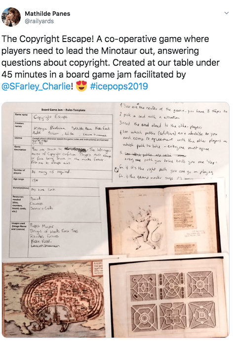 The Copyright Escape! A co-operative game where players need to lead the Minotaur out, answering questions about copyright. Created at our table under 45 minutes in a board game jam facilitated by @SFarley_Charlie ! 'heart eyed emoji'